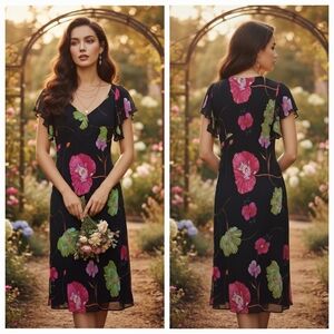 Joseph Ribkoff 8 90s Romantic Whimsigoth Fairycore Neon Floral Midi Slip Dress